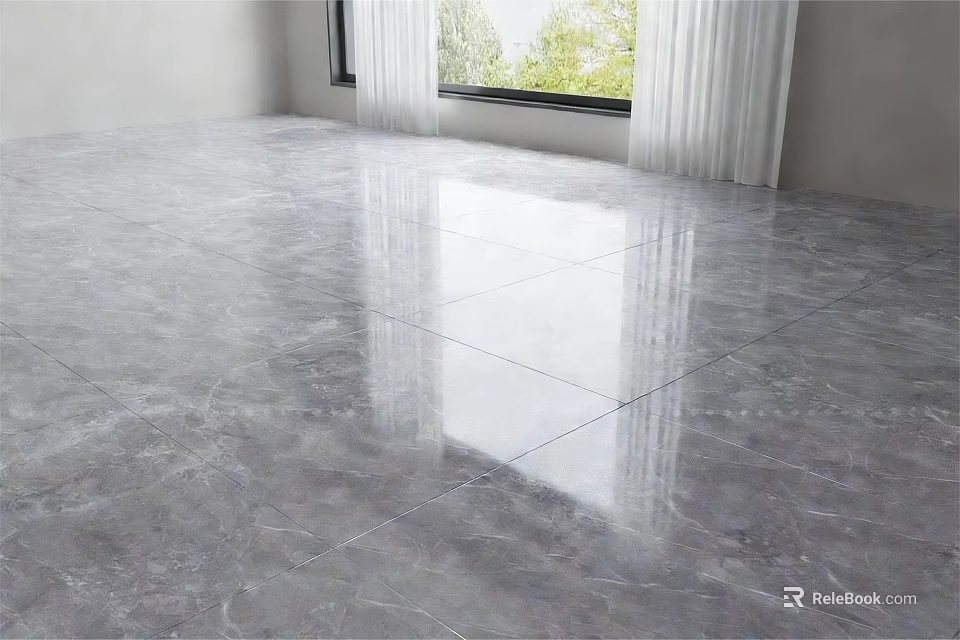 Gray Marble Pattern Floor Tiles With Smooth Reflective Surface In Bright Room With Window 3d model