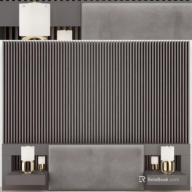 Modern Bed Accent Wall Design With Vertical Slats And Lamps 3d model 
