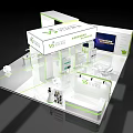 Modern Exhibition Booth Design With White Green Brand Logo Reception Counter And Digital Screen