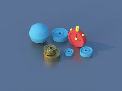 Colorful 3D Model Components Including Blue Sphere Red Gear And Golden Rings 3d model