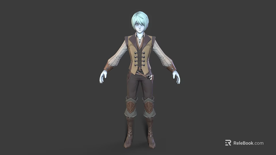 Light Blue Haired Fantasy Creature Character In Brown Vest Long Sleeve Shirt Pants And Boots 3d model 