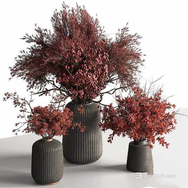 Decorative Ornament Set With Red Foliage In Three Different Sized Dark Vertical Stripe Vases 3d model
