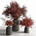 Decorative Ornament Set With Red Foliage In Three Different Sized Dark Vertical Stripe Vases 3d model