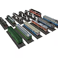 Lego Train Models With Various Colored Locomotives And Railway Tracks