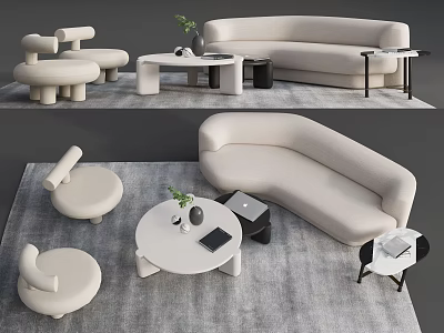 Modern Living Room Sofa Coffee Table Set Featuring Curved Sofa Round Armchairs And Plants 3d model
