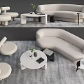 Modern Living Room Sofa Coffee Table Set Featuring Curved Sofa Round Armchairs And Plants