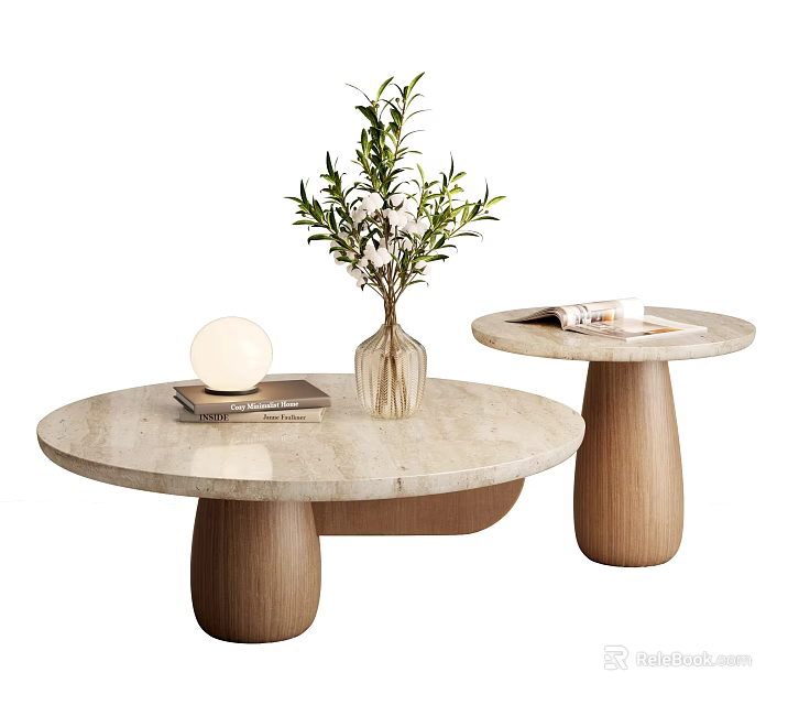Elegant Two Coffee Tables Featuring Marble Top Wooden Base Green Plant Vase and Books 3d model 