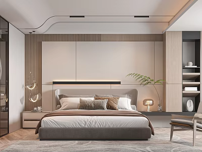 Modern Bedroom Interior With Comfortable Bed Pillows Stylish Lighting And Decorative Plant 3d model