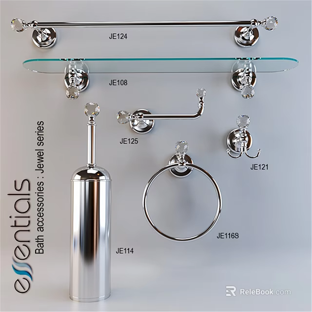 Essential Bath Accessories Series With Towel Ring Hook Toilet Brush And Glass Shelf 3d model 