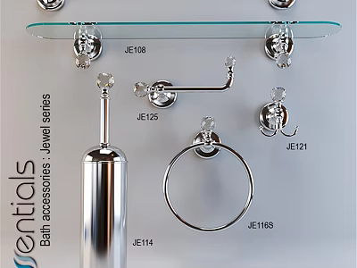 Essential Bath Accessories Series With Towel Ring Hook Toilet Brush And Glass Shelf 3d model