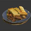 Appetizing Toasted Bread Slices On Blue Plate With Fresh Vegetables And Herbs