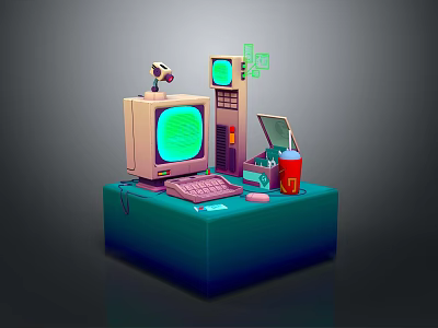 Vintage Computer Setup With Old Monitor Keyboard Mouse And Drink Cup In 3d model