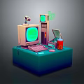 Vintage Computer Setup With Old Monitor Keyboard Mouse And Drink Cup In