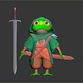 Green Reptile Character Wearing Hooded Cloak Orange Pants And Sword On Reflective Floor