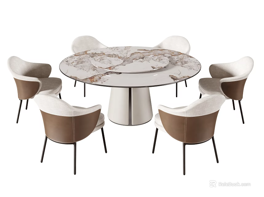 Modern Round Dining Table Set With Marble Top And Six White Brown Chairs 3d model