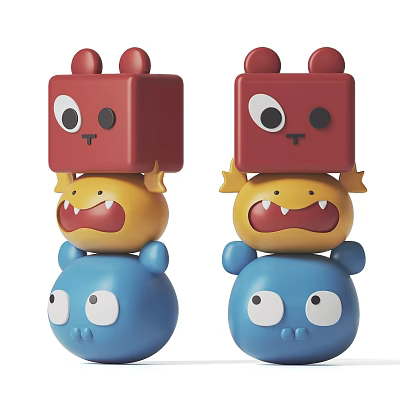 Cartoon Sculptures Stacked Red Cube Yellow Monster Blue Bear Big Eyes Sharp Teeth 3d model