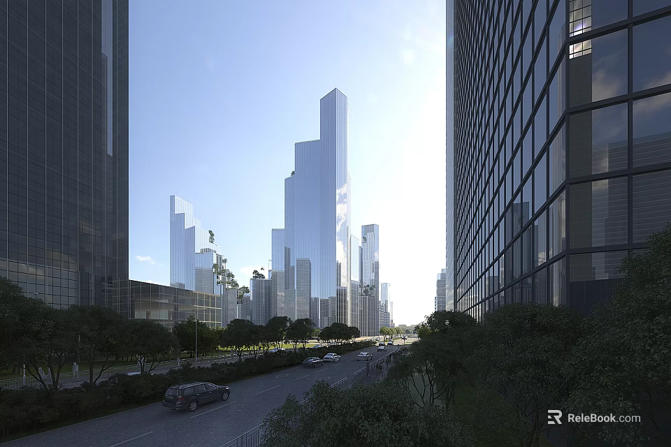 Modern Office Buildings With Glass Facades Urban Skyline And Tree Lined Street View 3d model 