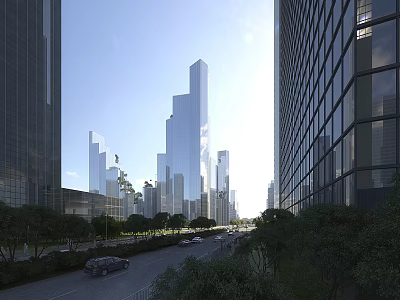 Modern Office Buildings With Glass Facades Urban Skyline And Tree Lined Street View 3d model