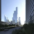 Modern Office Buildings With Glass Facades Urban Skyline And Tree Lined Street View