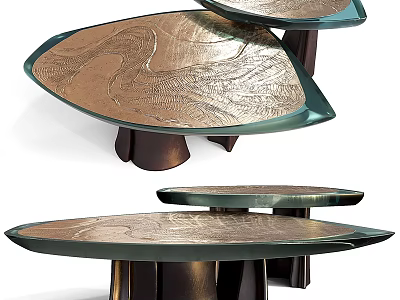 Artistic Dining Tables With Irregular Shape Textured Metallic Surface Teal Edge And Dark Base 3d model