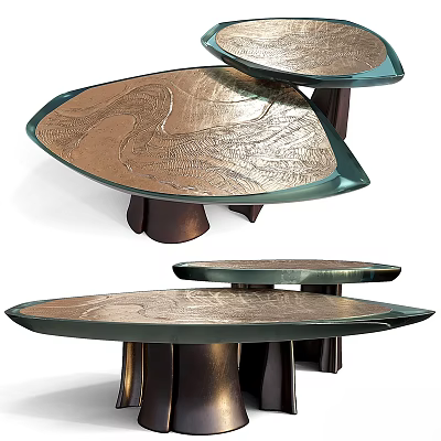 Artistic Dining Tables With Irregular Shape Textured Metallic Surface Teal Edge And Dark Base 3d model