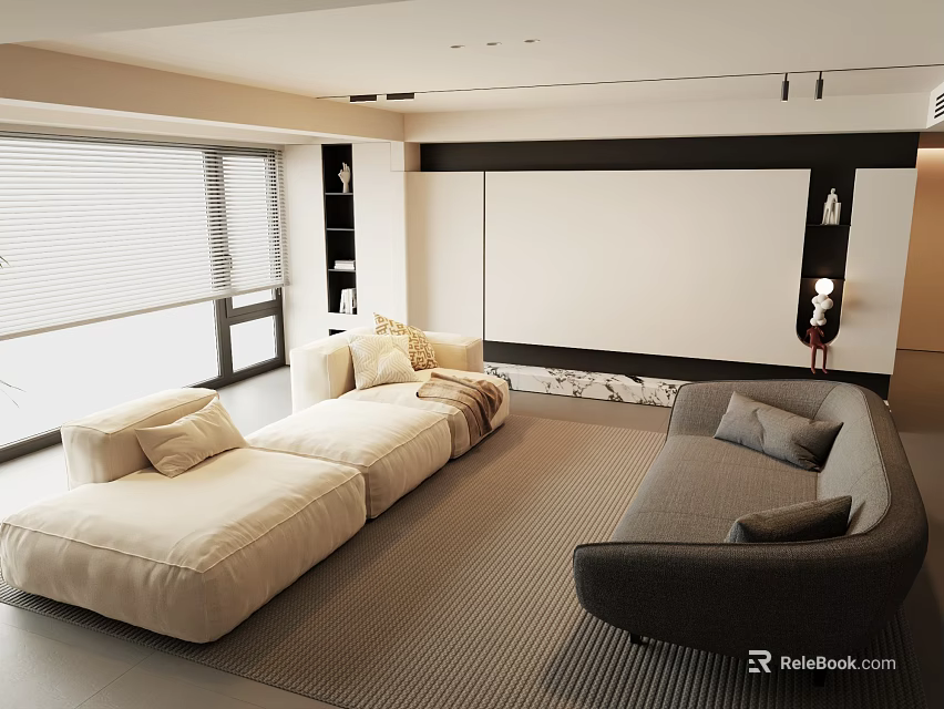 Modern Living Room With Beige And Gray Multi Seat Sofa And Window View 3d model 