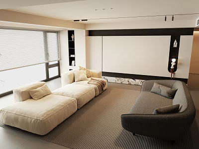 Modern Living Room With Beige And Gray Multi Seat Sofa And Window View 3d model