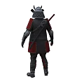 Man in Traditional Red and Black Samurai Armor with Helmet Shoulder Guards and Details