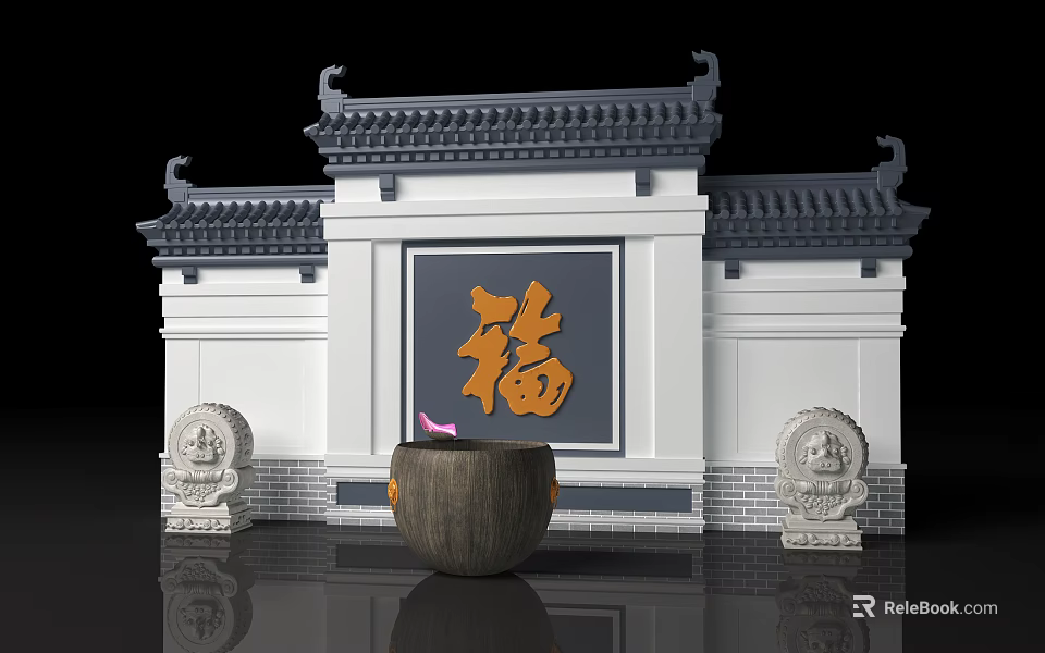 Traditional Chinese Building Facade With Fu Character Stone Lion Statues And Gray Tile Roof 3d model 