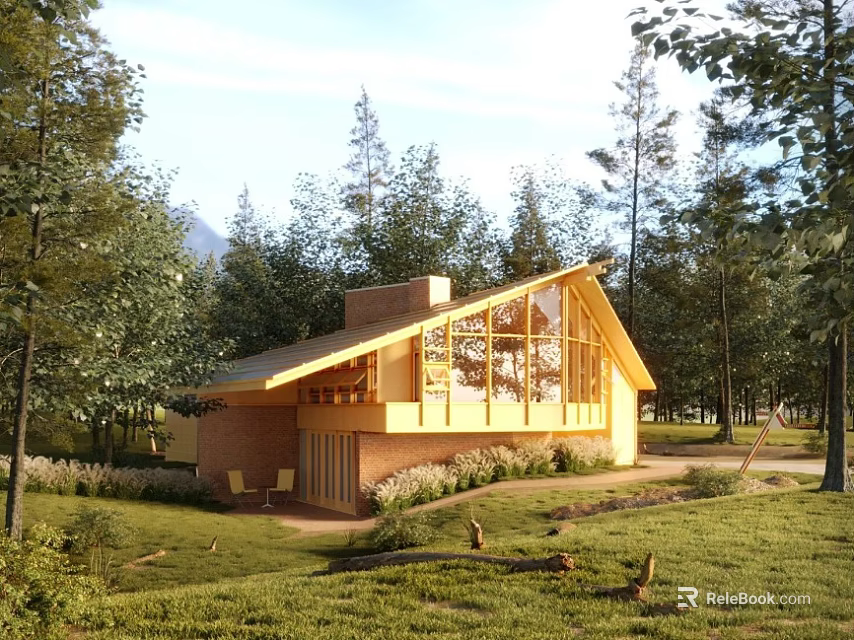 Scenic Wooden House Surrounded by Trees with Large Windows and Sloped Roof 3d model 