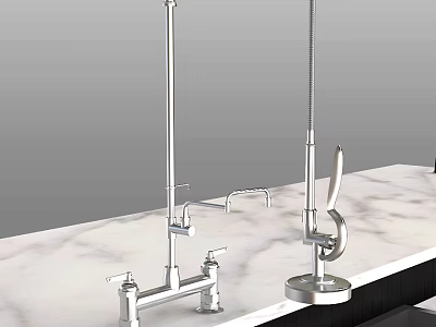 Modern Chrome Kitchen Faucet Fixture With Swivel Spout On Marble Countertop 3d model