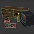 Retro Gaming Setup With Wooden Shelf TV Console Controller Green Bottle And Cartridges