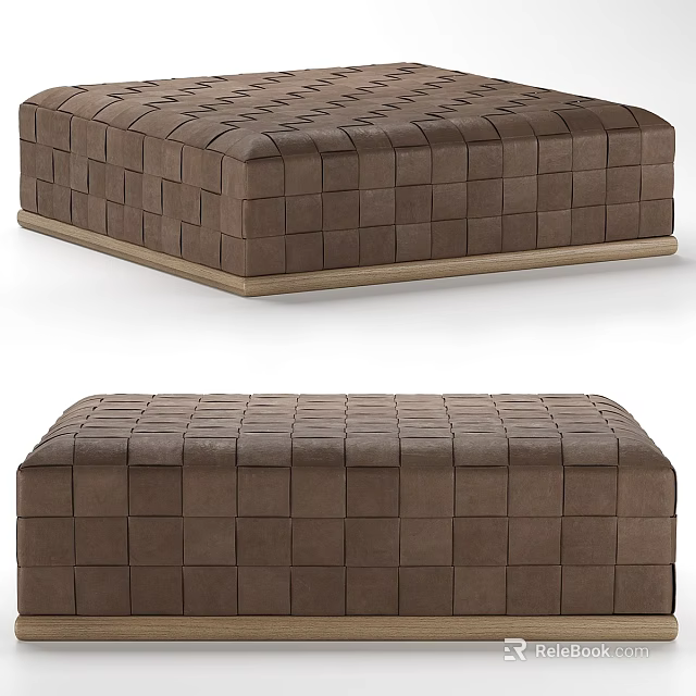 Modern Brown Woven Ottoman With Square Pattern And Wooden Base Design 3d model 