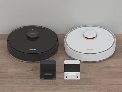 Black And White Roborock Robotic Vacuums As Kitchen Appliances With Charging Docks On Wooden Floor 3d model