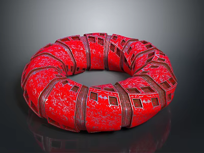 Intricate Red Circular Architectural Structure With Textured Surface And Geometric Patterns 3d model
