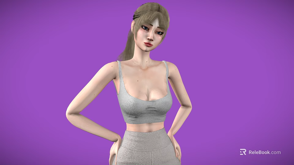 Child Posing With Hands On Hips In Grey Sports Bra And Sweatpants Against Purple Background 3d model 