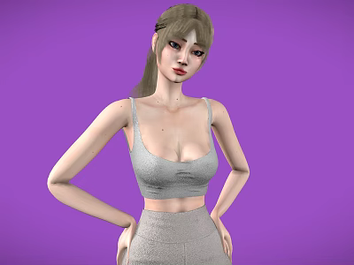 Child Posing With Hands On Hips In Grey Sports Bra And Sweatpants Against Purple Background 3d model