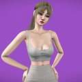 Child Posing With Hands On Hips In Grey Sports Bra And Sweatpants Against Purple Background