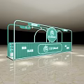 Modern Teal Shopping Mall Beauty Counter With Product Display Shelves Circular Logo And Chairs