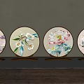 Four Piece Chinese Embroidered Round Decorative Ornament Set with Floral Bird Patterns