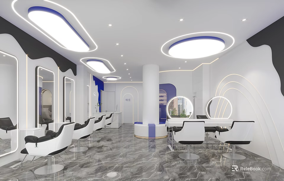 Modern Beauty Salon Interior With White Blue Lighting Marble Floor Mirrors And Chairs 3d model 