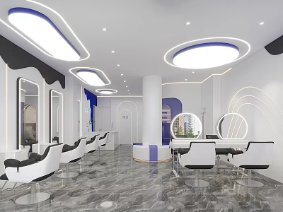 Modern Beauty Salon Interior With White Blue Lighting Marble Floor Mirrors And Chairs 3d model