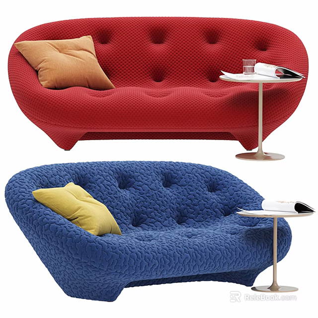 Red And Blue Tufted Sofas With Throw Pillows And Side Tables With Glass And Magazine 3d model 