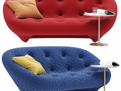 Red And Blue Tufted Sofas With Throw Pillows And Side Tables With Glass And Magazine 3d model