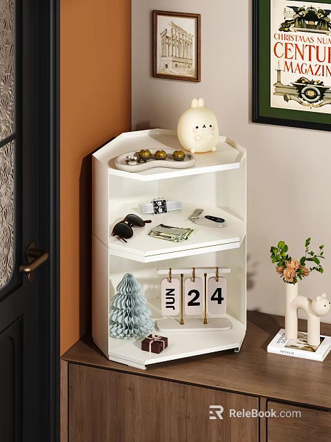 Decorative Ornament Set With Rabbit Figurine Olives Sunglasses And Number Tags On Multi Tiered Shelf 3d model 