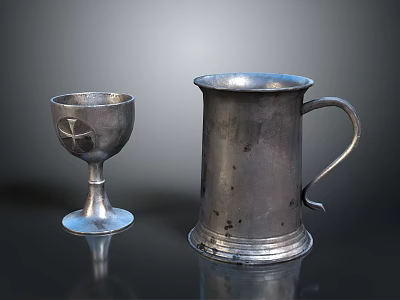 Intricate Carved Silver Chalice With Cross Pattern And Tankard Handle Detail 3d model