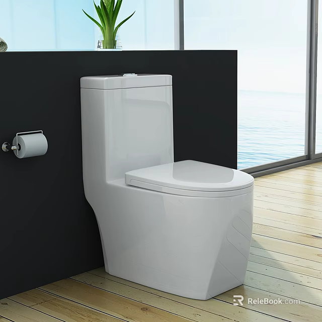 Modern Minimalist Bathroom With Glossy White One Piece Ceramic Toilet And Bright Sea View Window 3d model 