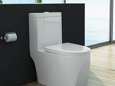 Modern Minimalist Bathroom With Glossy White One Piece Ceramic Toilet And Bright Sea View Window 3d model