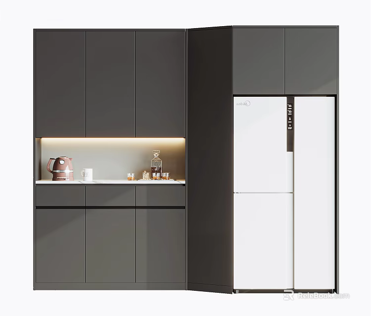 Modern Dark Wine Cabinet With LED Lighting And Decorative Items By White Refrigerator 3d model 
