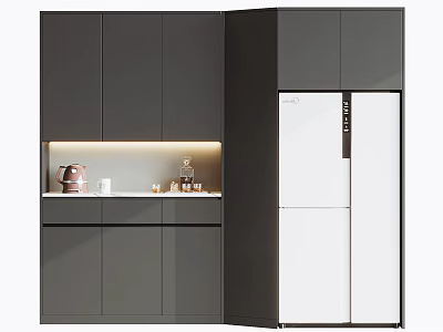 Modern Dark Wine Cabinet With LED Lighting And Decorative Items By White Refrigerator 3d model